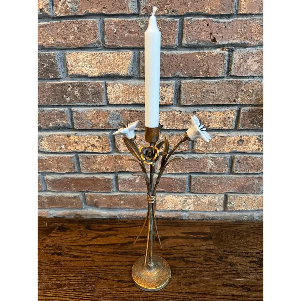 VINTAGE French Ceramic Lilies Bronze Tone Rose Hollywood Regency Candle Holder